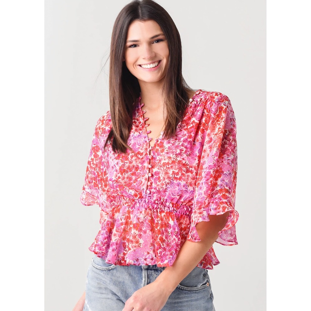 MISA Los Angeles Women Pink Red Floral Smocked Peplum Blouse Top Size M
